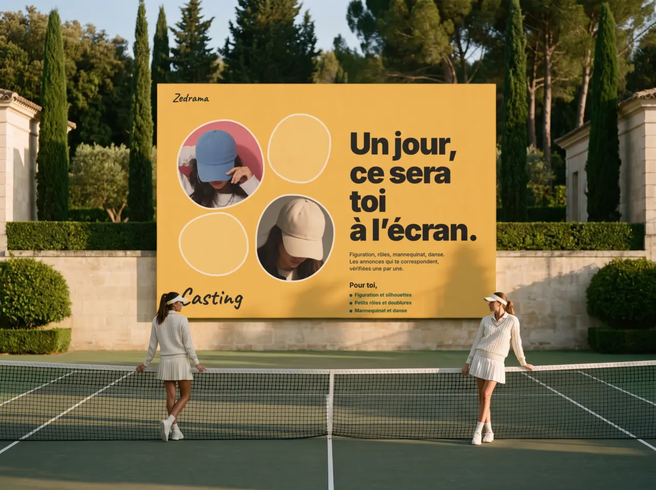 Affiche Zedrama jaune sur un panneau au bord d’un court de tennis : « Un jour, ce sera toi à l’écran. »